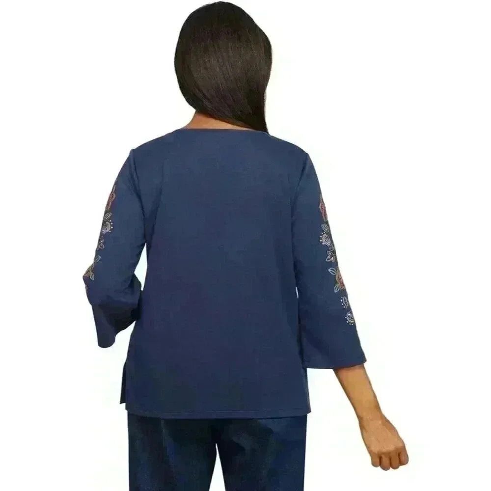 Alfred Dunner Petites Embroidered Bell Sleeves Knit Top - PM Size, Navy Blue - Picture 8 of 14